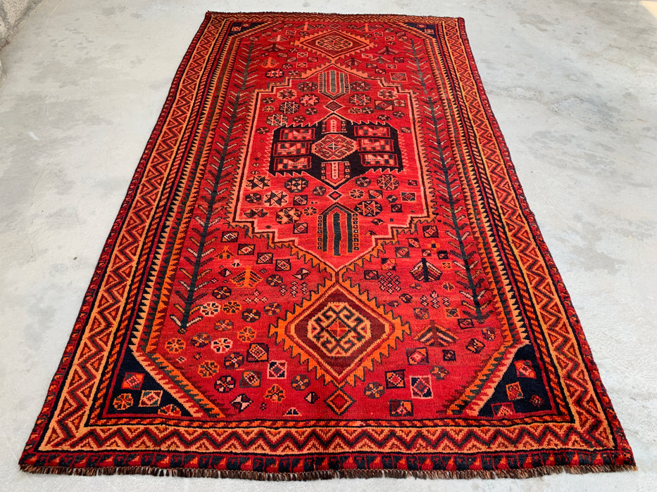KBHM-1142 Hand-Knotted Persian Wool Rug – 8'7" x 4'11" Red, Rust & Navy Tribal Geometric Area Rug