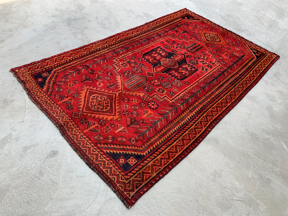 KBHM-1142 Hand-Knotted Persian Wool Rug – 8'7" x 4'11" Red, Rust & Navy Tribal Geometric Area Rug