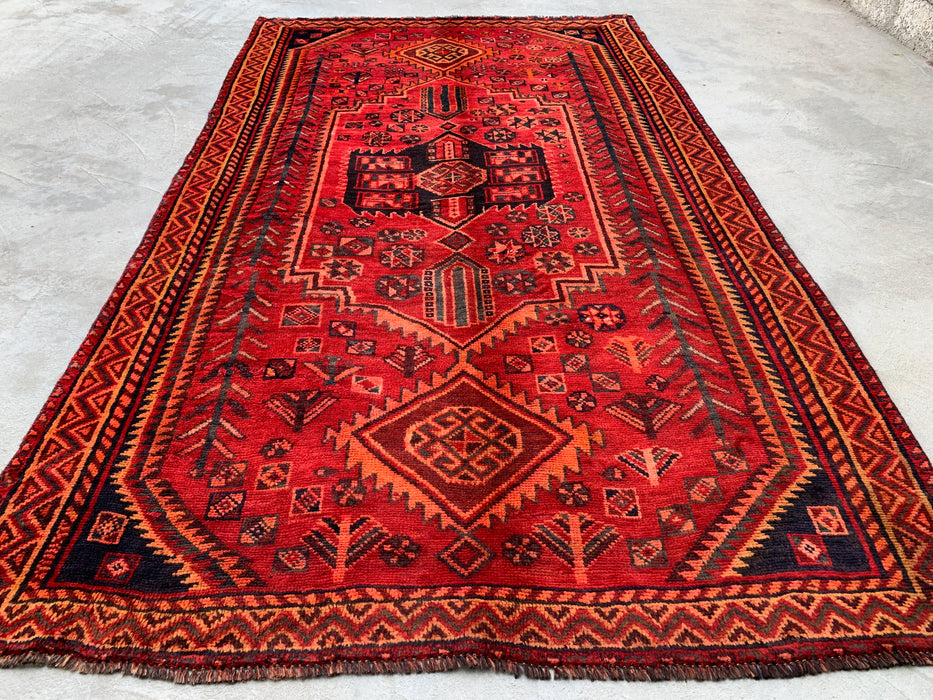 KBHM-1142 Hand-Knotted Persian Wool Rug – 8'7" x 4'11" Red, Rust & Navy Tribal Geometric Area Rug