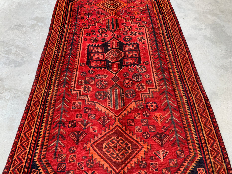KBHM-1142 Hand-Knotted Persian Wool Rug – 8'7" x 4'11" Red, Rust & Navy Tribal Geometric Area Rug