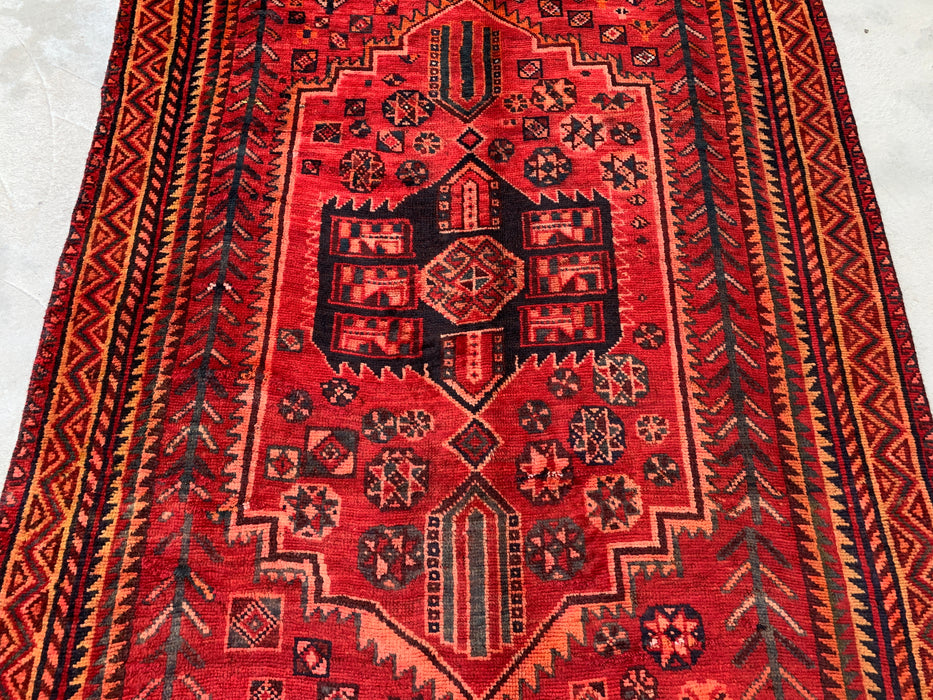 KBHM-1142 Hand-Knotted Persian Wool Rug – 8'7" x 4'11" Red, Rust & Navy Tribal Geometric Area Rug