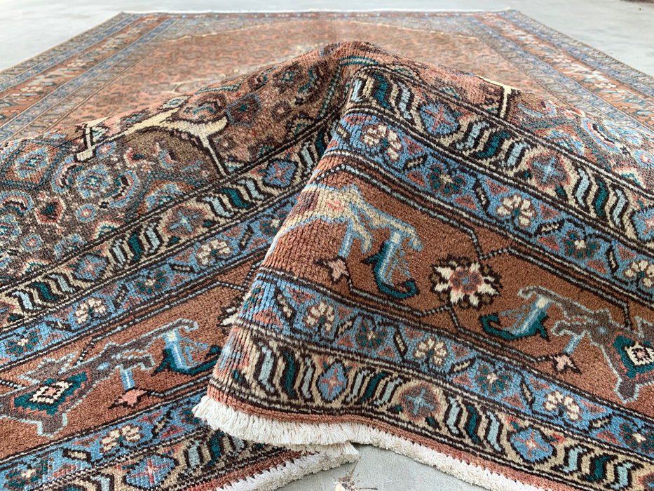 9'2 x 6'6 Hand-Knotted Persian Wool Rug in Taupe, Blue & Brown Traditional Medallion Design | KBHM-1144