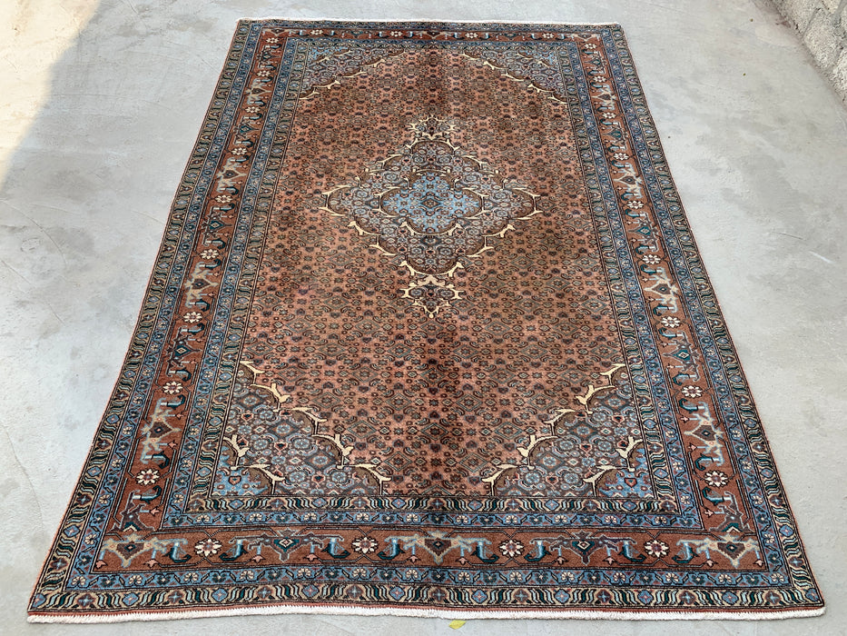 9'2 x 6'6 Hand-Knotted Persian Wool Rug in Taupe, Blue & Brown Traditional Medallion Design | KBHM-1144