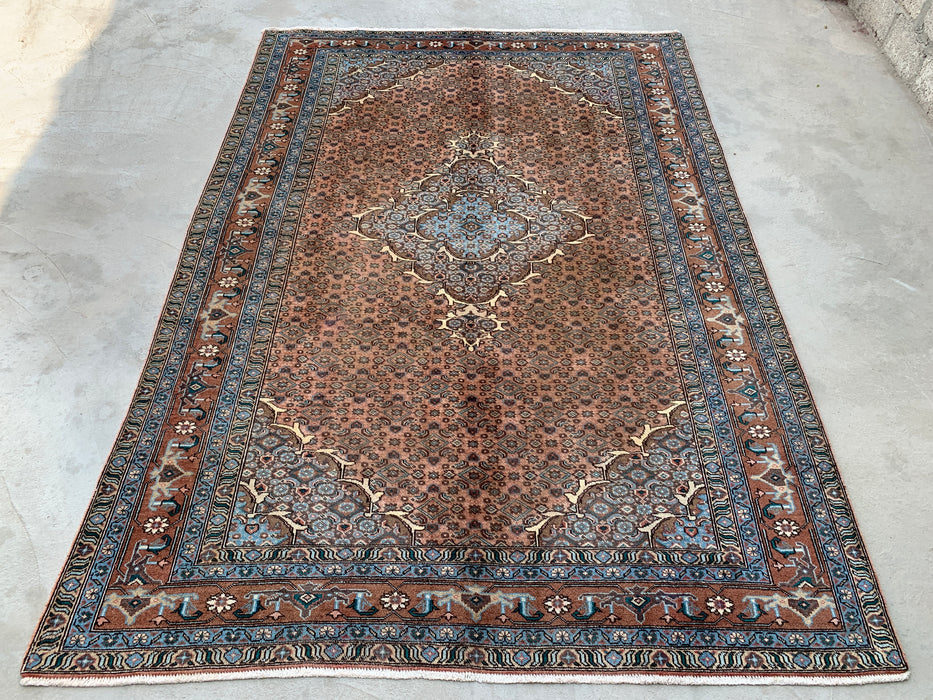 9'2 x 6'6 Hand-Knotted Persian Wool Rug in Taupe, Blue & Brown Traditional Medallion Design | KBHM-1144