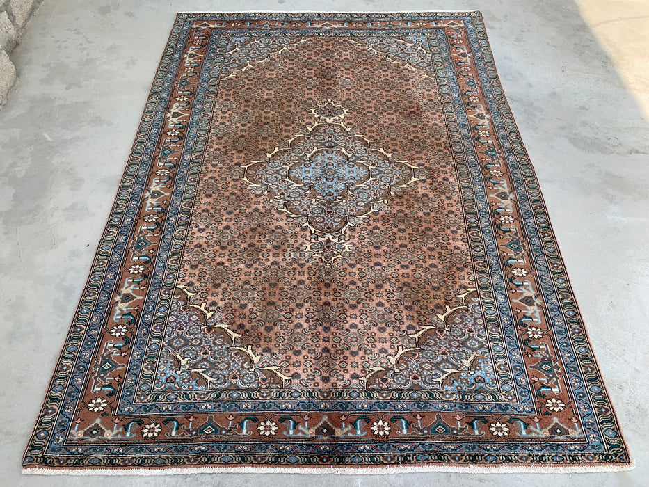9'2 x 6'6 Hand-Knotted Persian Wool Rug in Taupe, Blue & Brown Traditional Medallion Design | KBHM-1144