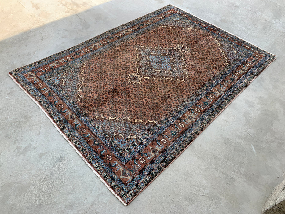 9'2 x 6'6 Hand-Knotted Persian Wool Rug in Taupe, Blue & Brown Traditional Medallion Design | KBHM-1144