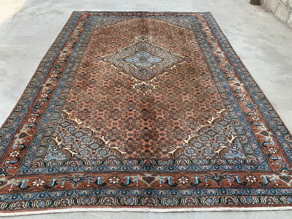 9'2 x 6'6 Hand-Knotted Persian Wool Rug in Taupe, Blue & Brown Traditional Medallion Design | KBHM-1144