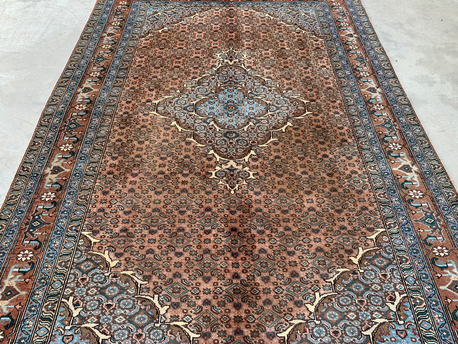 9'2 x 6'6 Hand-Knotted Persian Wool Rug in Taupe, Blue & Brown Traditional Medallion Design | KBHM-1144