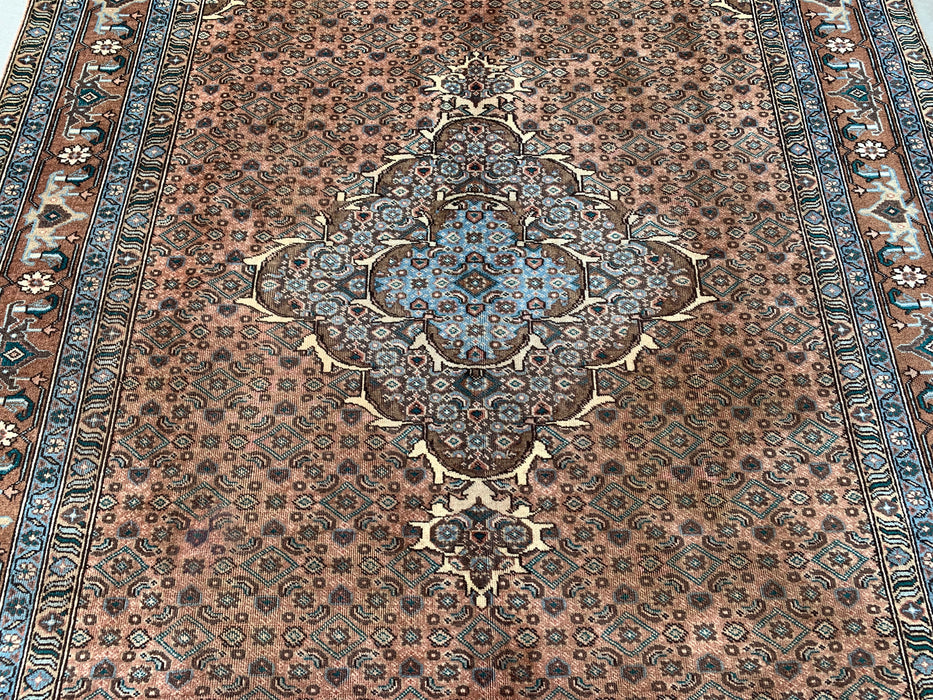9'2 x 6'6 Hand-Knotted Persian Wool Rug in Taupe, Blue & Brown Traditional Medallion Design | KBHM-1144