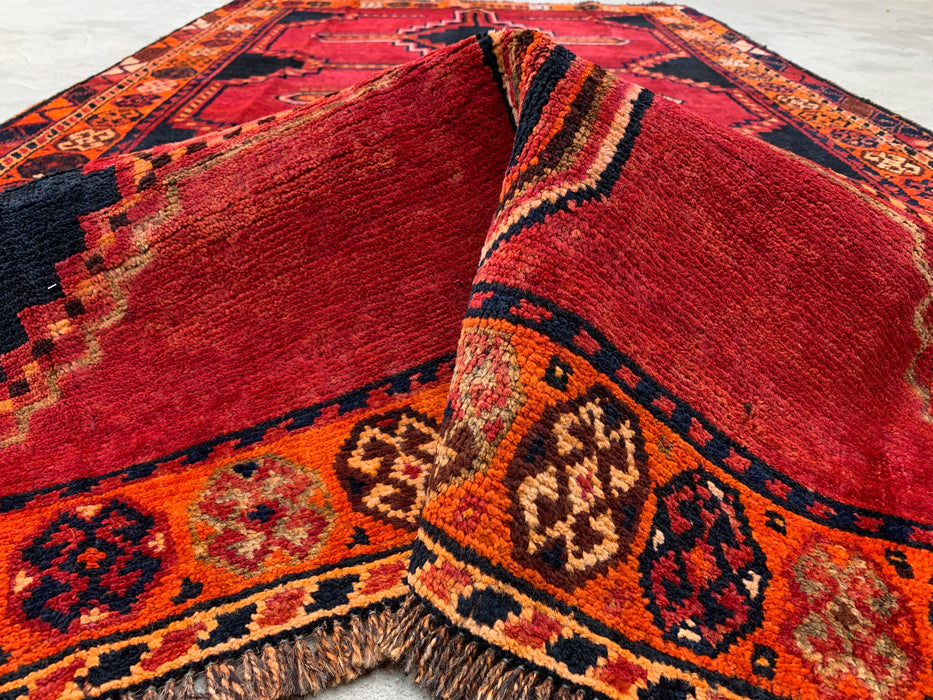 KBHM-1145 Hand-Knotted Persian Wool Rug – 7'9" x 4'5" Magenta, Black & Orange Tribal Geometric Area Rug