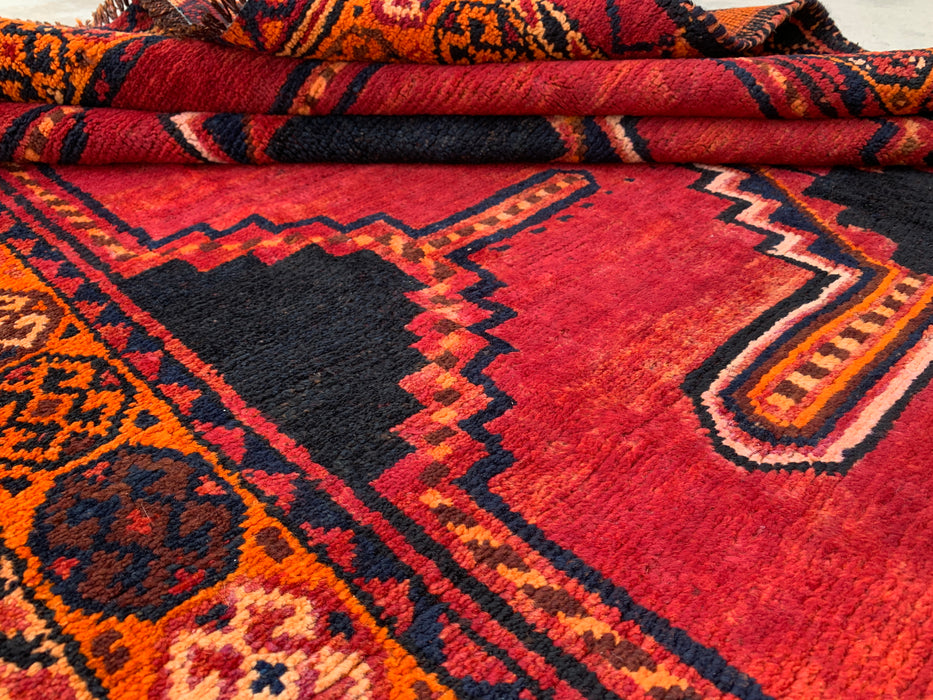 KBHM-1145 Hand-Knotted Persian Wool Rug – 7'9" x 4'5" Magenta, Black & Orange Tribal Geometric Area Rug