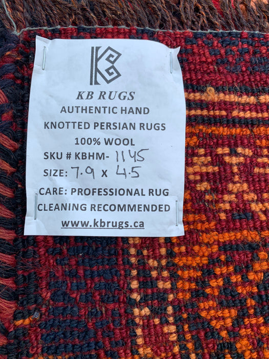 KBHM-1145 Hand-Knotted Persian Wool Rug – 7'9" x 4'5" Magenta, Black & Orange Tribal Geometric Area Rug