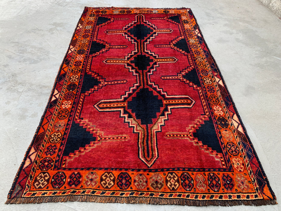 KBHM-1145 Hand-Knotted Persian Wool Rug – 7'9" x 4'5" Magenta, Black & Orange Tribal Geometric Area Rug