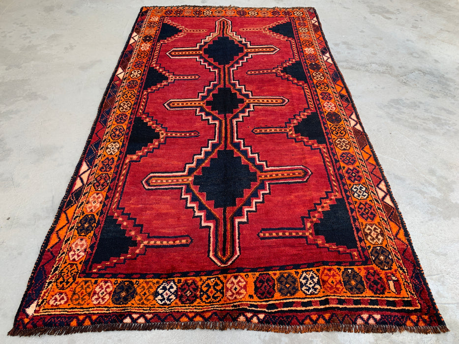 KBHM-1145 Hand-Knotted Persian Wool Rug – 7'9" x 4'5" Magenta, Black & Orange Tribal Geometric Area Rug