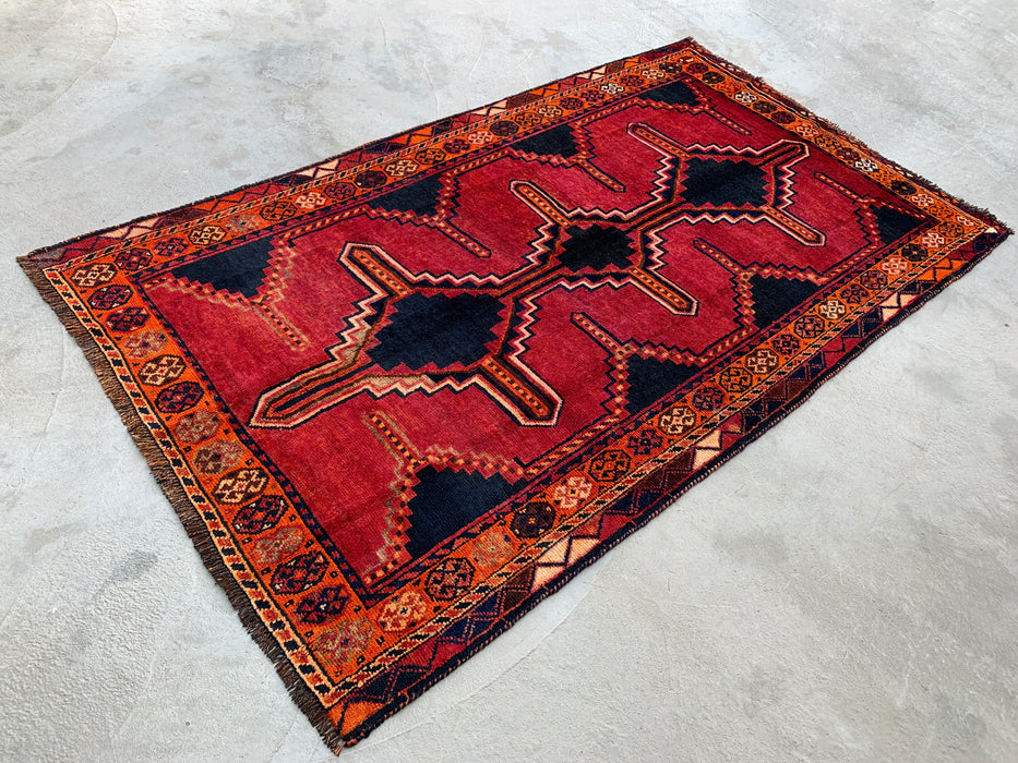 KBHM-1145 Hand-Knotted Persian Wool Rug – 7'9" x 4'5" Magenta, Black & Orange Tribal Geometric Area Rug