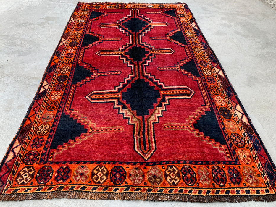 KBHM-1145 Hand-Knotted Persian Wool Rug – 7'9" x 4'5" Magenta, Black & Orange Tribal Geometric Area Rug