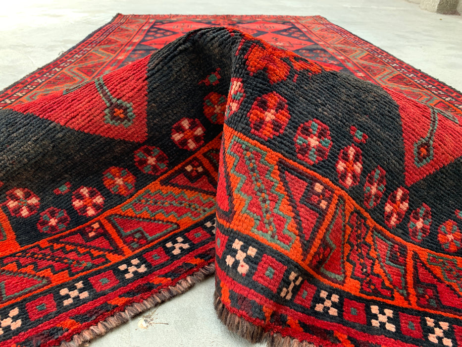 KBHM-1146 Hand-Knotted Persian Wool Rug – 9'2" x 4'9" Red, Black & Green Tribal Geometric Area Rug
