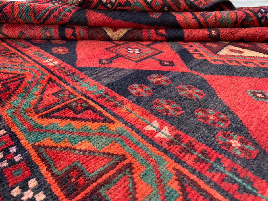 KBHM-1146 Hand-Knotted Persian Wool Rug – 9'2" x 4'9" Red, Black & Green Tribal Geometric Area Rug