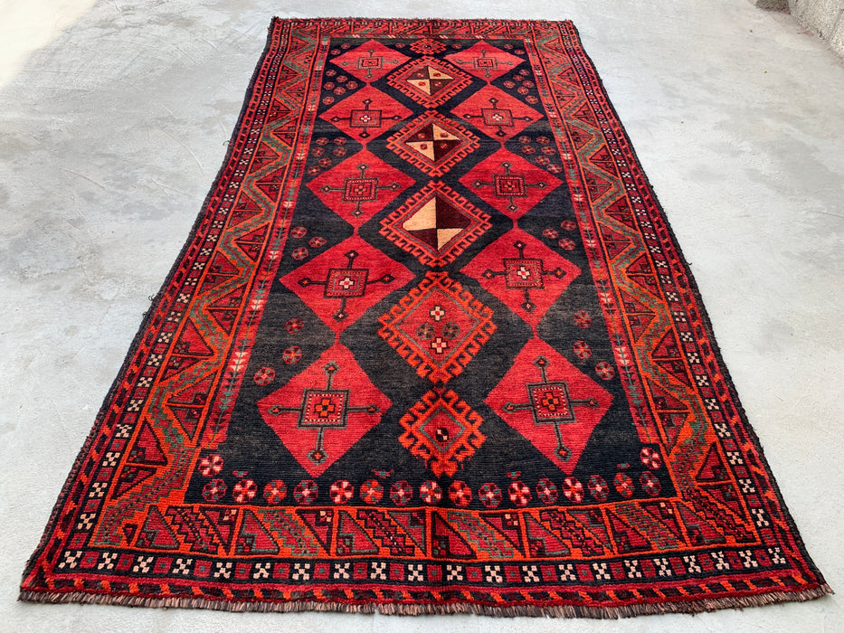 KBHM-1146 Hand-Knotted Persian Wool Rug – 9'2" x 4'9" Red, Black & Green Tribal Geometric Area Rug