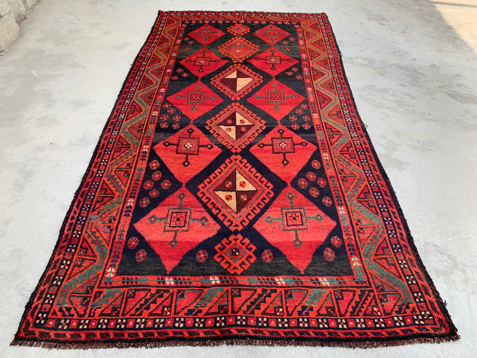 KBHM-1146 Hand-Knotted Persian Wool Rug – 9'2" x 4'9" Red, Black & Green Tribal Geometric Area Rug