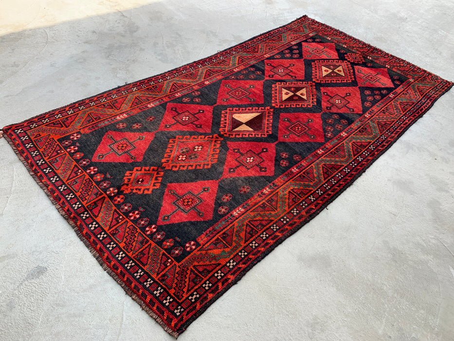 KBHM-1146 Hand-Knotted Persian Wool Rug – 9'2" x 4'9" Red, Black & Green Tribal Geometric Area Rug