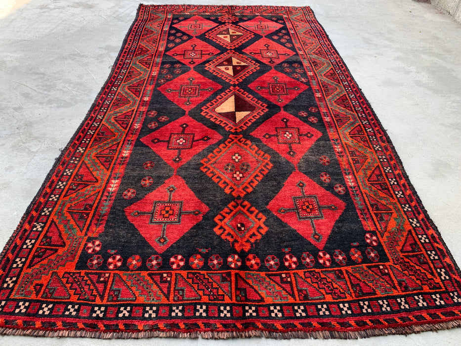 KBHM-1146 Hand-Knotted Persian Wool Rug – 9'2" x 4'9" Red, Black & Green Tribal Geometric Area Rug