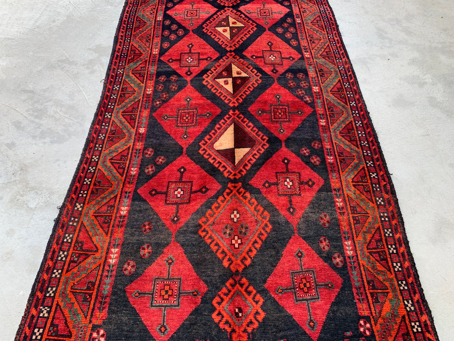 KBHM-1146 Hand-Knotted Persian Wool Rug – 9'2" x 4'9" Red, Black & Green Tribal Geometric Area Rug