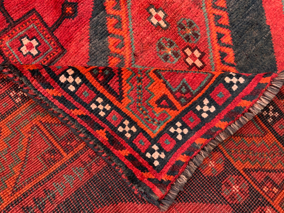 KBHM-1146 Hand-Knotted Persian Wool Rug – 9'2" x 4'9" Red, Black & Green Tribal Geometric Area Rug
