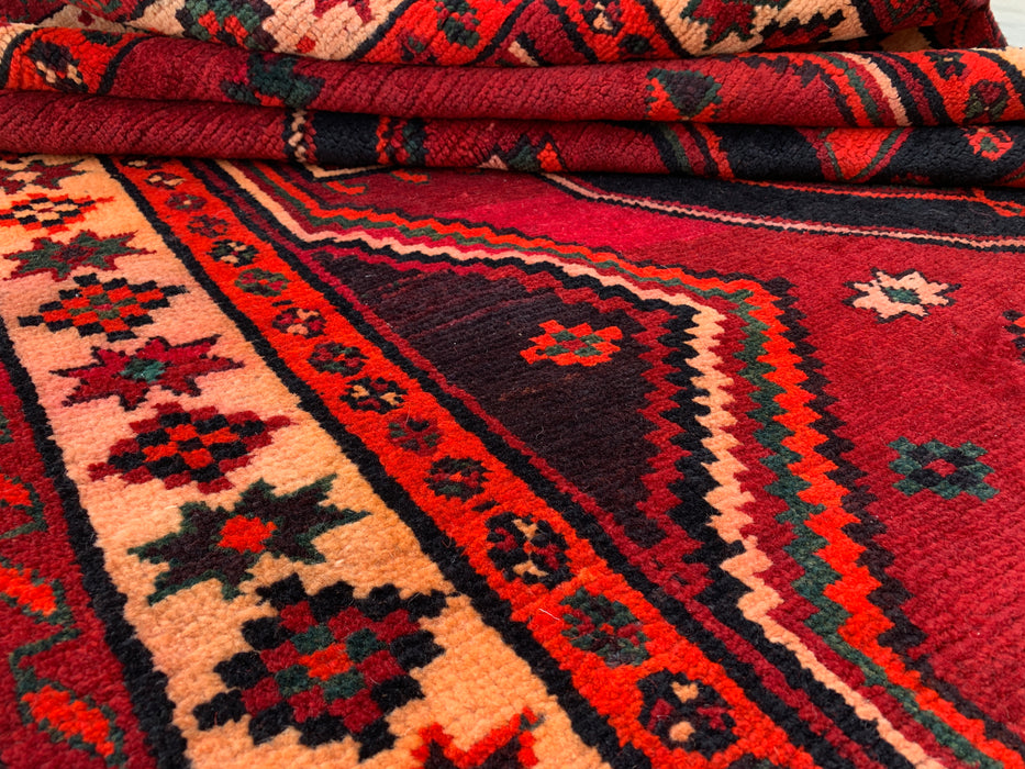 KBHM-1147 Hand-Knotted Persian Wool Rug – 9'2" x 4'9" Red, Black & Ivory Tribal Geometric Area Rug