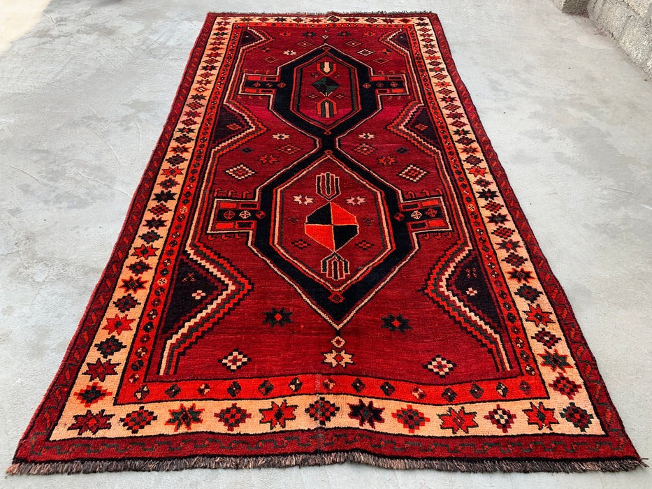 KBHM-1147 Hand-Knotted Persian Wool Rug – 9'2" x 4'9" Red, Black & Ivory Tribal Geometric Area Rug