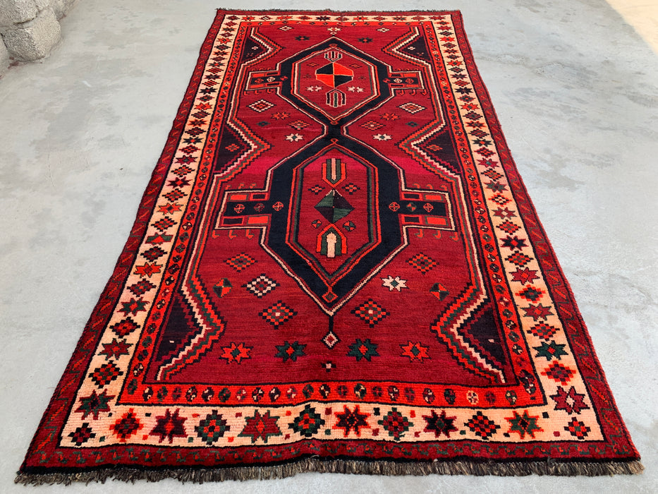 KBHM-1147 Hand-Knotted Persian Wool Rug – 9'2" x 4'9" Red, Black & Ivory Tribal Geometric Area Rug