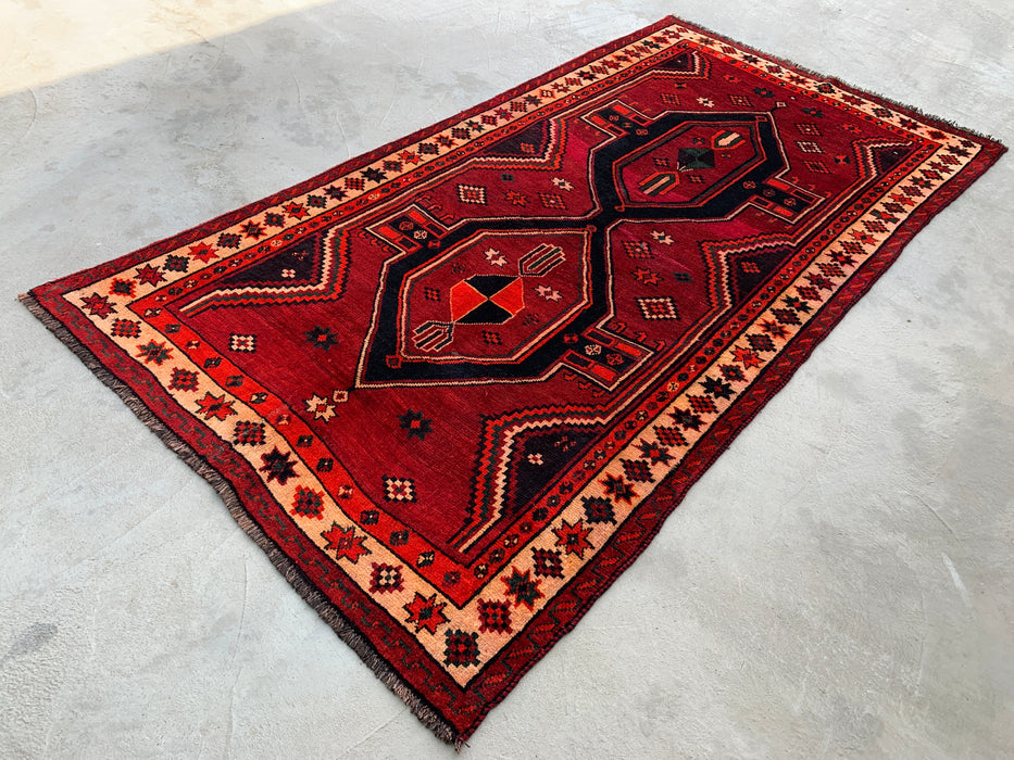 KBHM-1147 Hand-Knotted Persian Wool Rug – 9'2" x 4'9" Red, Black & Ivory Tribal Geometric Area Rug