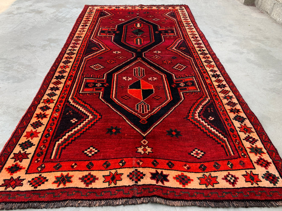 KBHM-1147 Hand-Knotted Persian Wool Rug – 9'2" x 4'9" Red, Black & Ivory Tribal Geometric Area Rug
