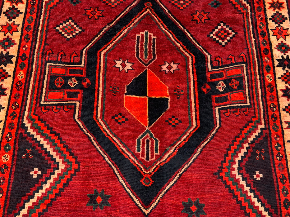 KBHM-1147 Hand-Knotted Persian Wool Rug – 9'2" x 4'9" Red, Black & Ivory Tribal Geometric Area Rug