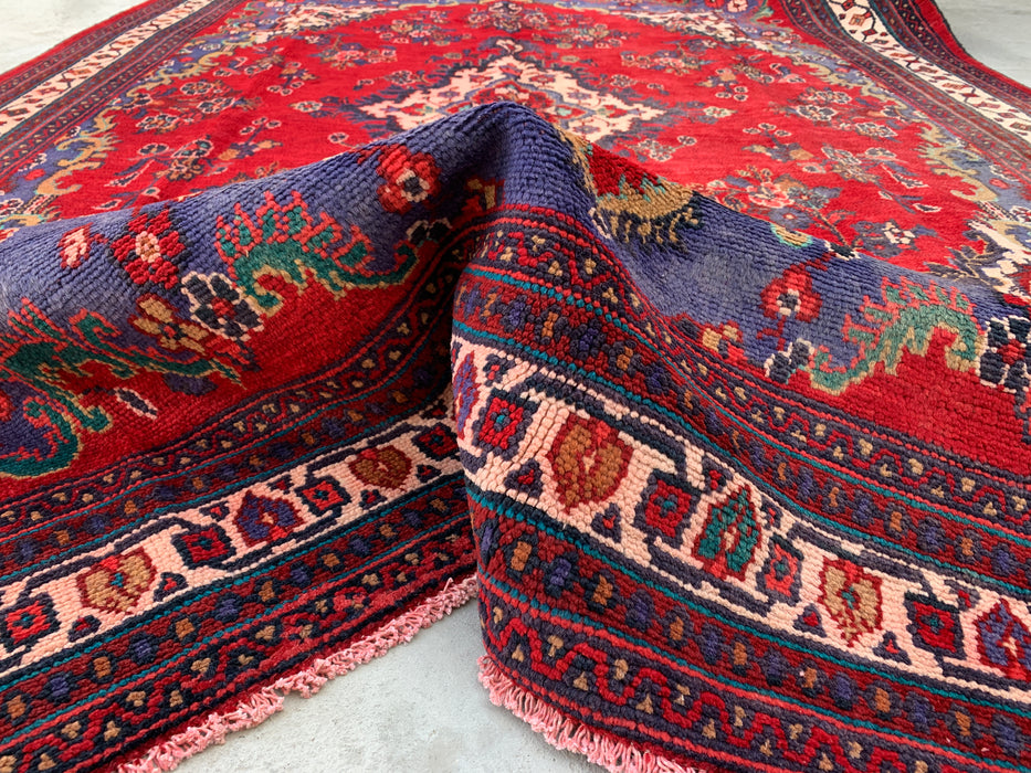 Hand-Knotted Persian Wool Rug 9'10 x 6'10 Red Navy Floral Medallion KBHM-1152