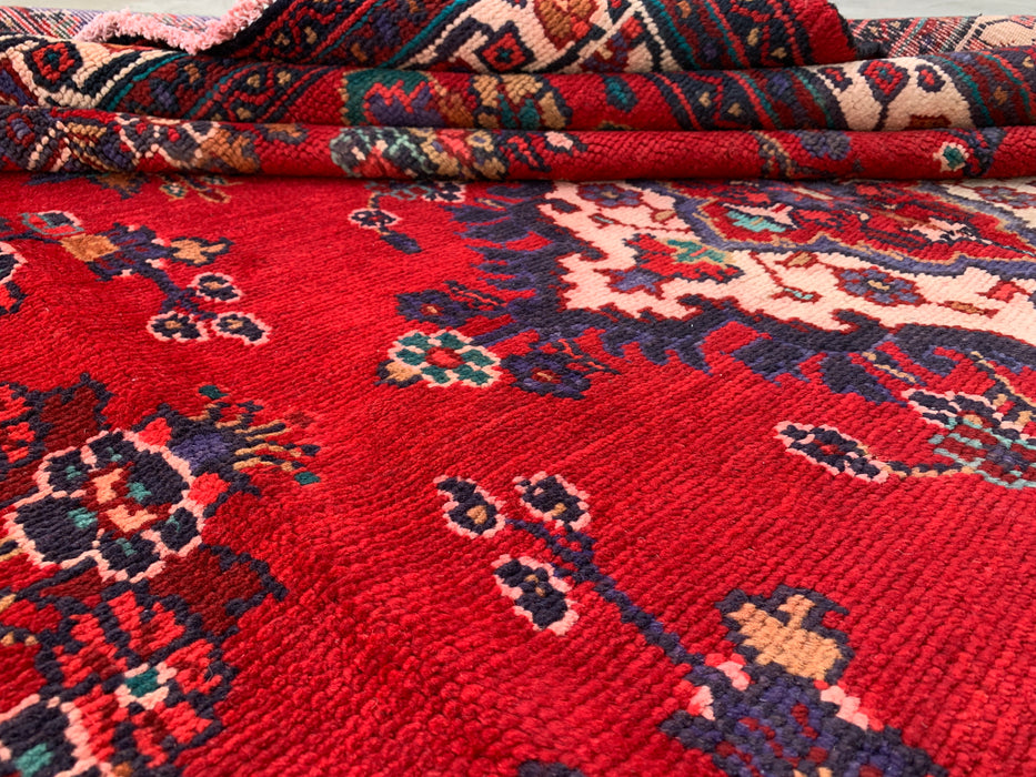 Hand-Knotted Persian Wool Rug 9'10 x 6'10 Red Navy Floral Medallion KBHM-1152