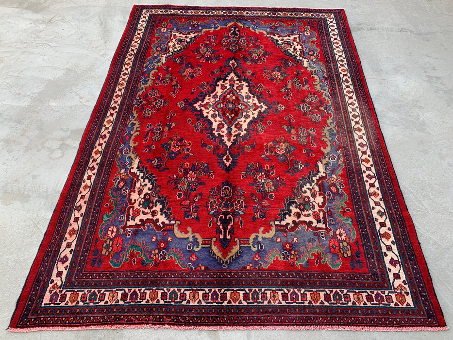 Hand-Knotted Persian Wool Rug 9'10 x 6'10 Red Navy Floral Medallion KBHM-1152