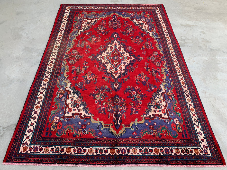 Hand-Knotted Persian Wool Rug 9'10 x 6'10 Red Navy Floral Medallion KBHM-1152