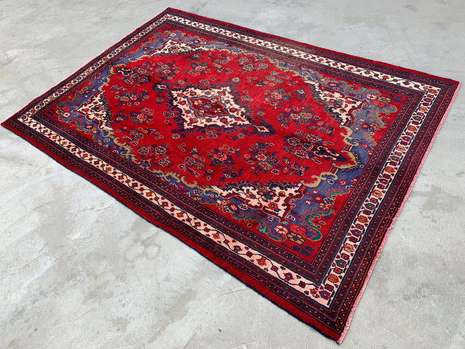 Hand-Knotted Persian Wool Rug 9'10 x 6'10 Red Navy Floral Medallion KBHM-1152