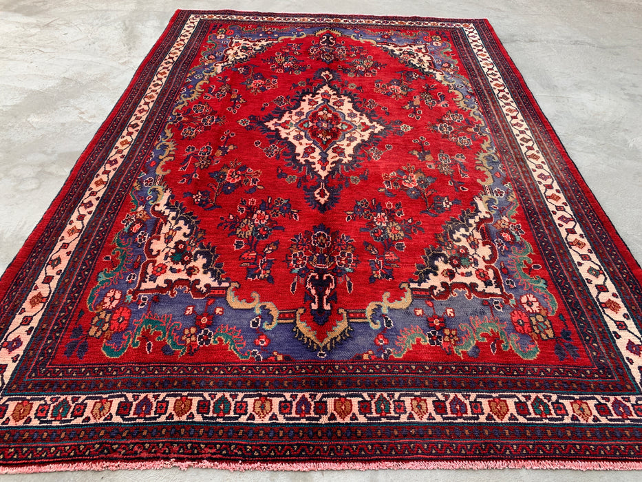 Hand-Knotted Persian Wool Rug 9'10 x 6'10 Red Navy Floral Medallion KBHM-1152
