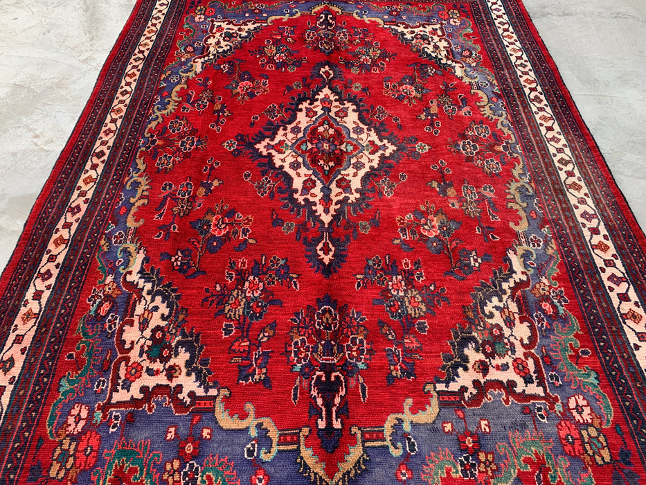 Hand-Knotted Persian Wool Rug 9'10 x 6'10 Red Navy Floral Medallion KBHM-1152