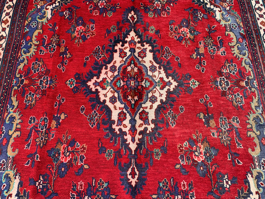 Hand-Knotted Persian Wool Rug 9'10 x 6'10 Red Navy Floral Medallion KBHM-1152