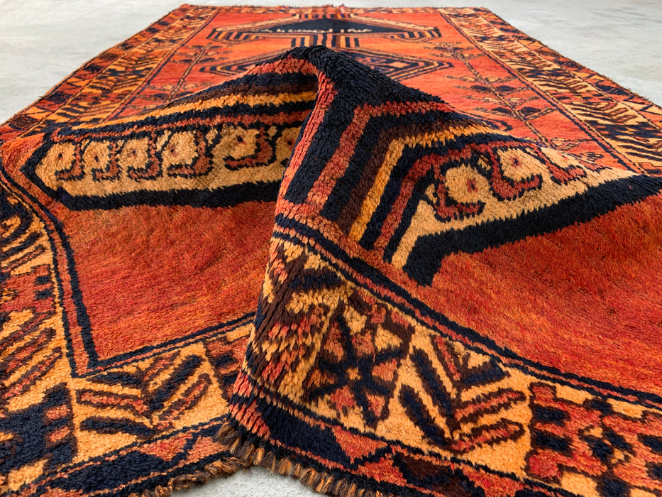 KBHM-1156 Hand-Knotted Persian Wool Rug – 8'5" x 4'8" Rust, Orange & Navy Tribal Geometric Area Rug