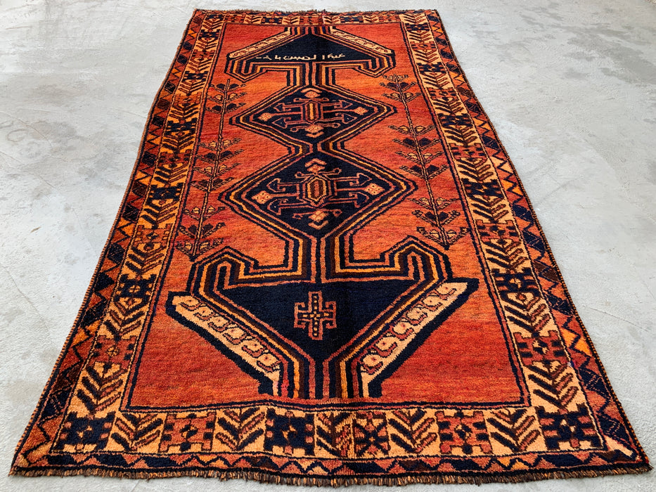 KBHM-1156 Hand-Knotted Persian Wool Rug – 8'5" x 4'8" Rust, Orange & Navy Tribal Geometric Area Rug