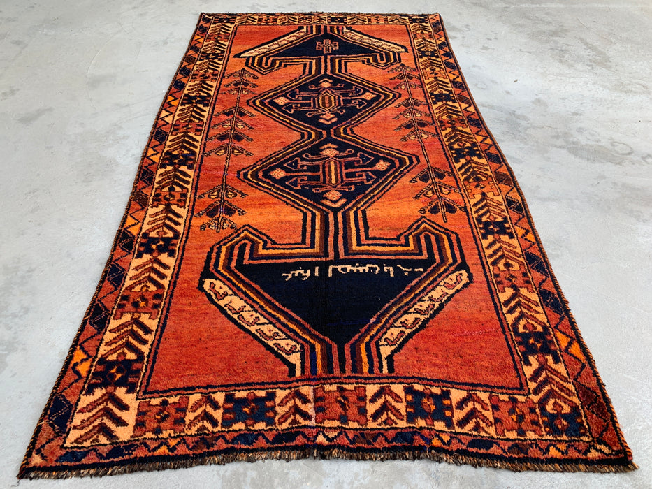 KBHM-1156 Hand-Knotted Persian Wool Rug – 8'5" x 4'8" Rust, Orange & Navy Tribal Geometric Area Rug