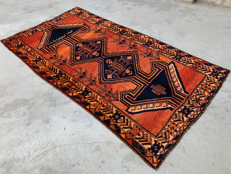 KBHM-1156 Hand-Knotted Persian Wool Rug – 8'5" x 4'8" Rust, Orange & Navy Tribal Geometric Area Rug