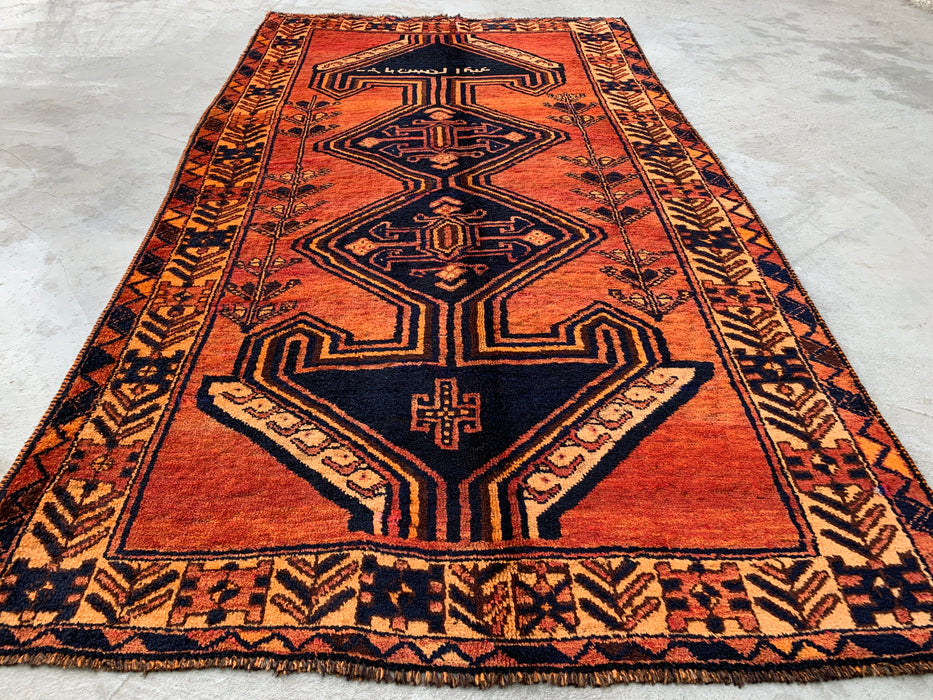 KBHM-1156 Hand-Knotted Persian Wool Rug – 8'5" x 4'8" Rust, Orange & Navy Tribal Geometric Area Rug