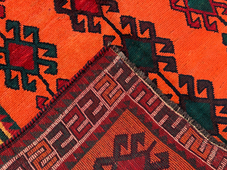 KBHM-1157 Hand-Knotted Persian Wool Rug – 9'5" x 5'0" Orange, Green & Burgundy Tribal Geometric Area Rug
