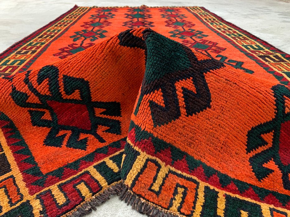 KBHM-1157 Hand-Knotted Persian Wool Rug – 9'5" x 5'0" Orange, Green & Burgundy Tribal Geometric Area Rug