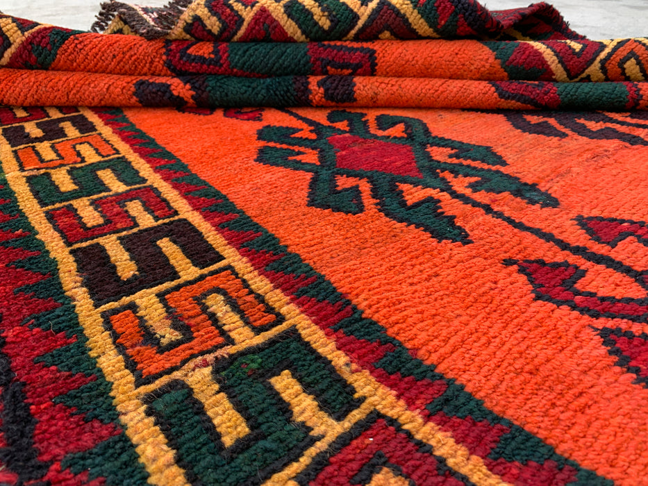 KBHM-1157 Hand-Knotted Persian Wool Rug – 9'5" x 5'0" Orange, Green & Burgundy Tribal Geometric Area Rug